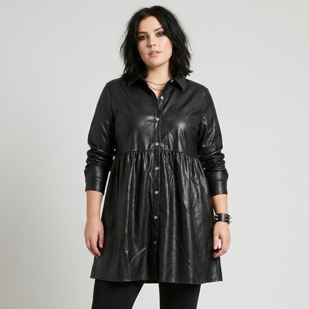 NEW Faux Leather Babydoll Shirt Dress Womens Large Black Button Goth Rock Edgy